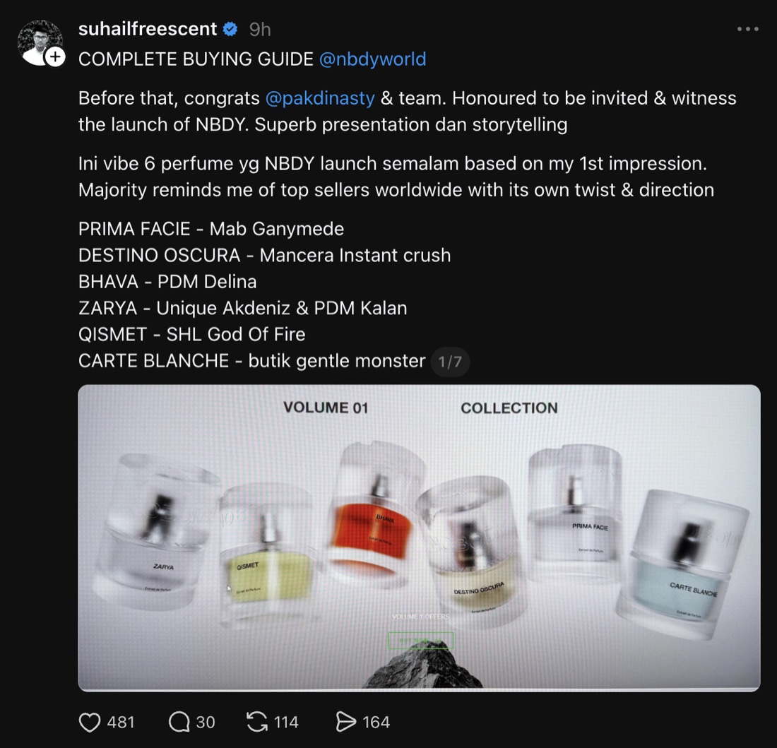 NBDY buyer review on social media featuring Prima Facie
