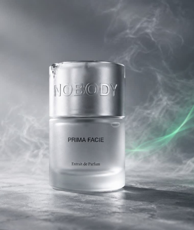 Prima Facie by NBDY — frosted chrome extrait de parfum bottle in soft mist